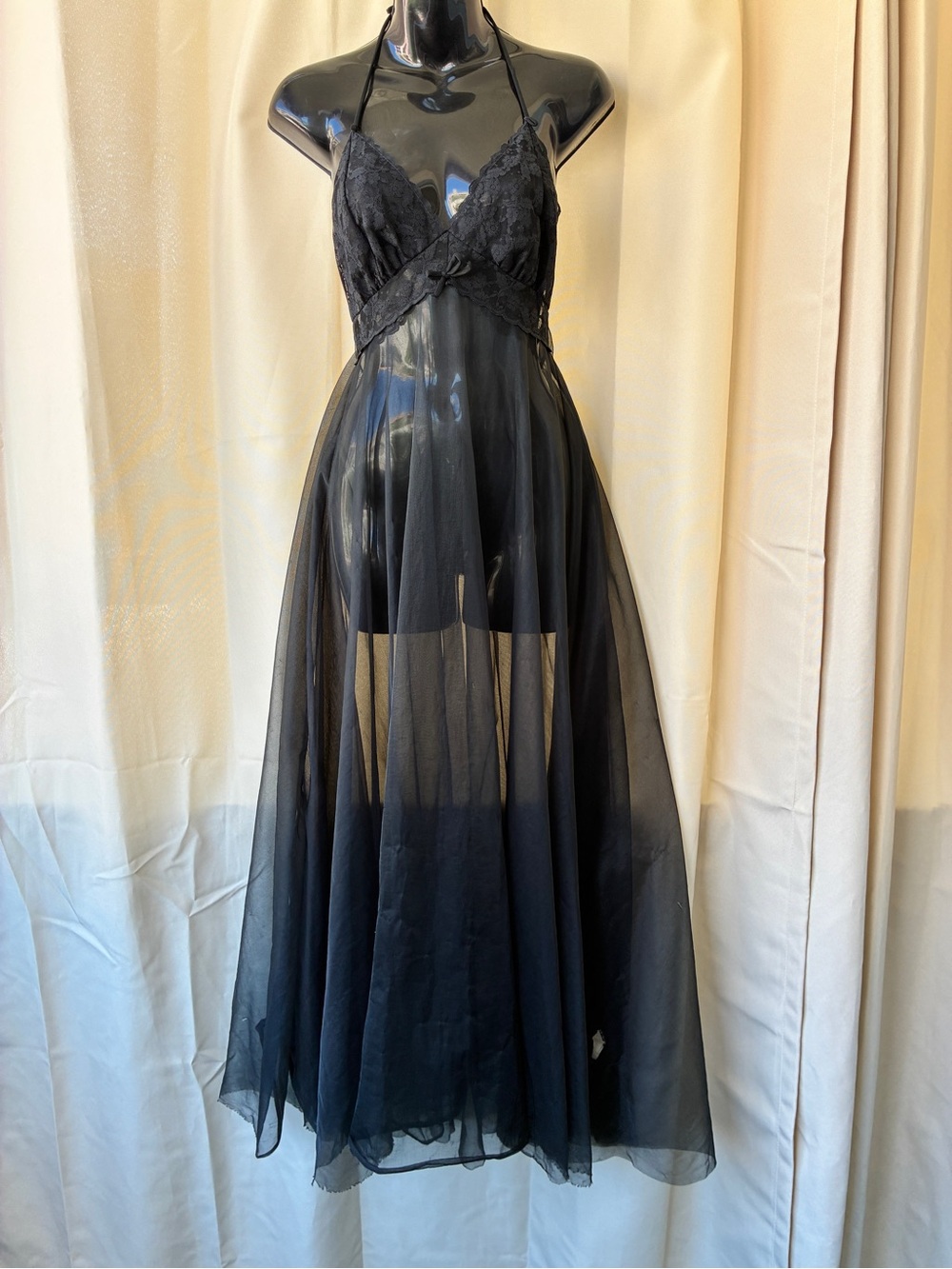 Vintage 60s Chiffon & Lace Halter Maxi Lingerie Night Gown XS - Picture 3 of 14